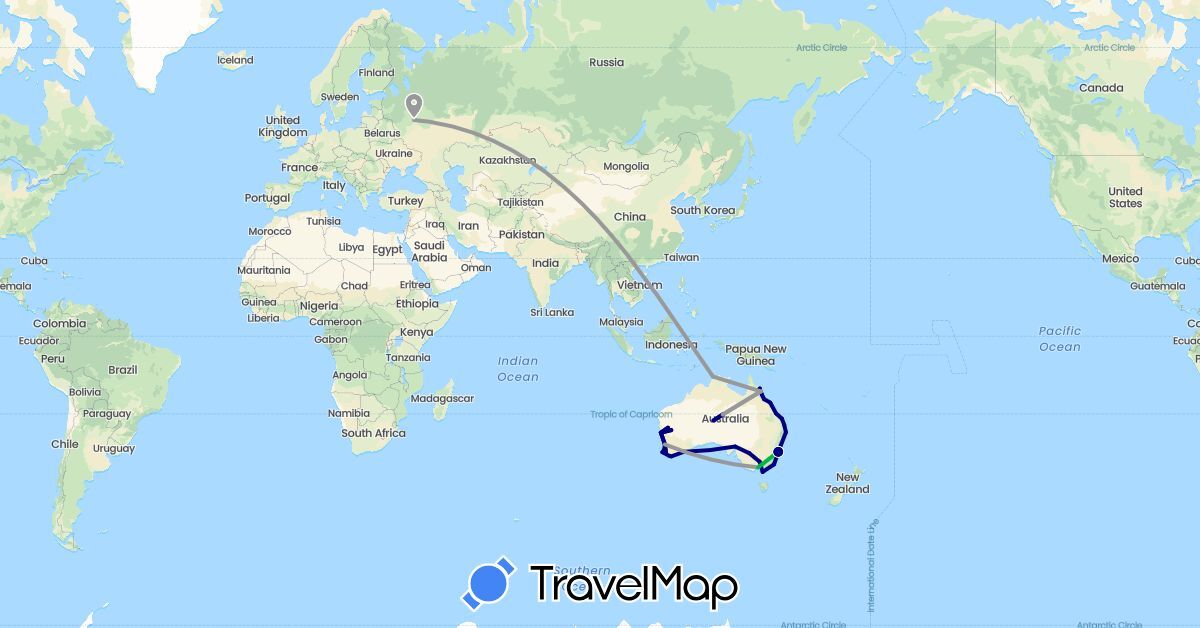 TravelMap itinerary: driving, bus, plane in Australia, Russia (Europe, Oceania)